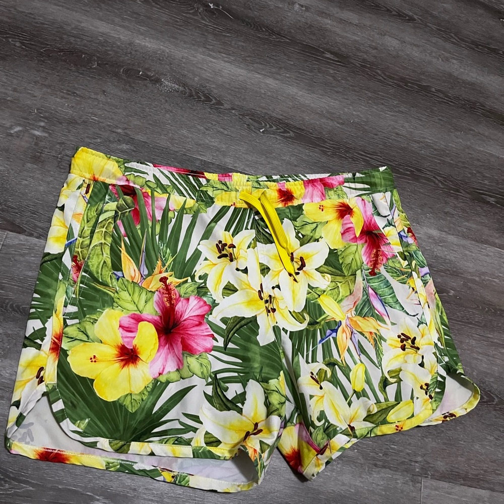 Kortni Jeane Yellow and Pink Swim Trunks Vibrant Floral Print